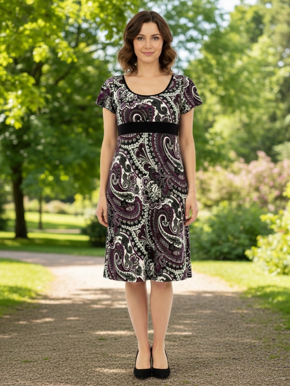 Perseption Petite paisley floral dress purple pink black tie size PXL spandex